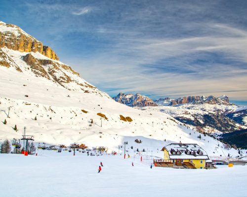 Sella Ronda ski circuit around the Sella group in Northern Italy, Trentino / Alto Adige / Belluno, Italy, Passo Pordoi Arabba region