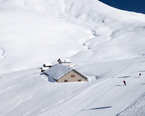 Skiing in Dolomites in Italy.  Ski center Ciampac, Val di Fassa,  near small town Canazei.