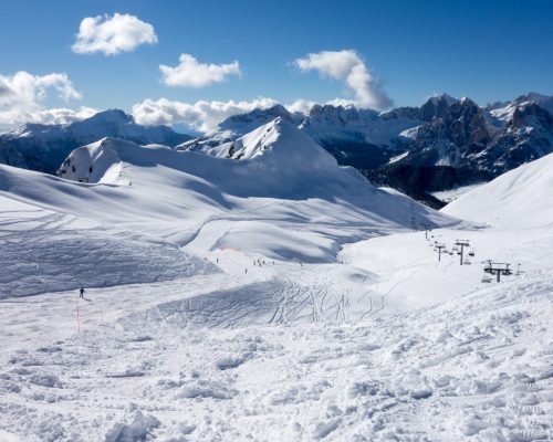 Ciampac ski area near Marmolada glacier, Val di Fassa, Dolomites, Italy
